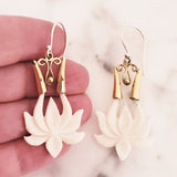 White Lotus Chandelier Earrings Hand Carved in Bali