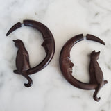 Cat on Moon Fake Gauge Carved Wood Earrings Split Plug