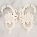 White Lotus Fake Gauge Jacket Earrings Carved in Bali