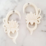 White Lotus Fake Gauge Jacket Earrings Carved in Bali