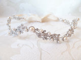 Bridal Headpiece with Flexible Headband and Ribbon Tie for Vintage Wedding in Floral Vine Motif