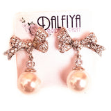 Ribbon Earrings with Clear Rhinestone and Pearl Drops