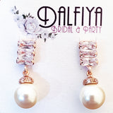CZ Baguette Rose Gold Pearl Drop Wedding Earrings