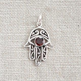 Garnet Hamsa .925 Sterling Silver Pendant from Bali