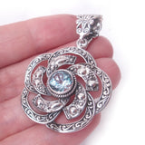 Blue Topaz 925 Solid Sterling Silver Floral Gemstone Pendant December Birthstone