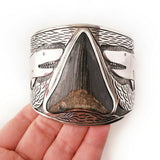 Megalodon Shark Tooth 925 Sterling Silver Mens Cuff Bracelet