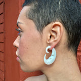 Carved White Crescent Moon Split Gauge Double Sided Jacket Earrings