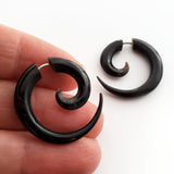 1" Spiral Hoop Fake Gauge Earrings Carved Black Cow Horn Split Plug